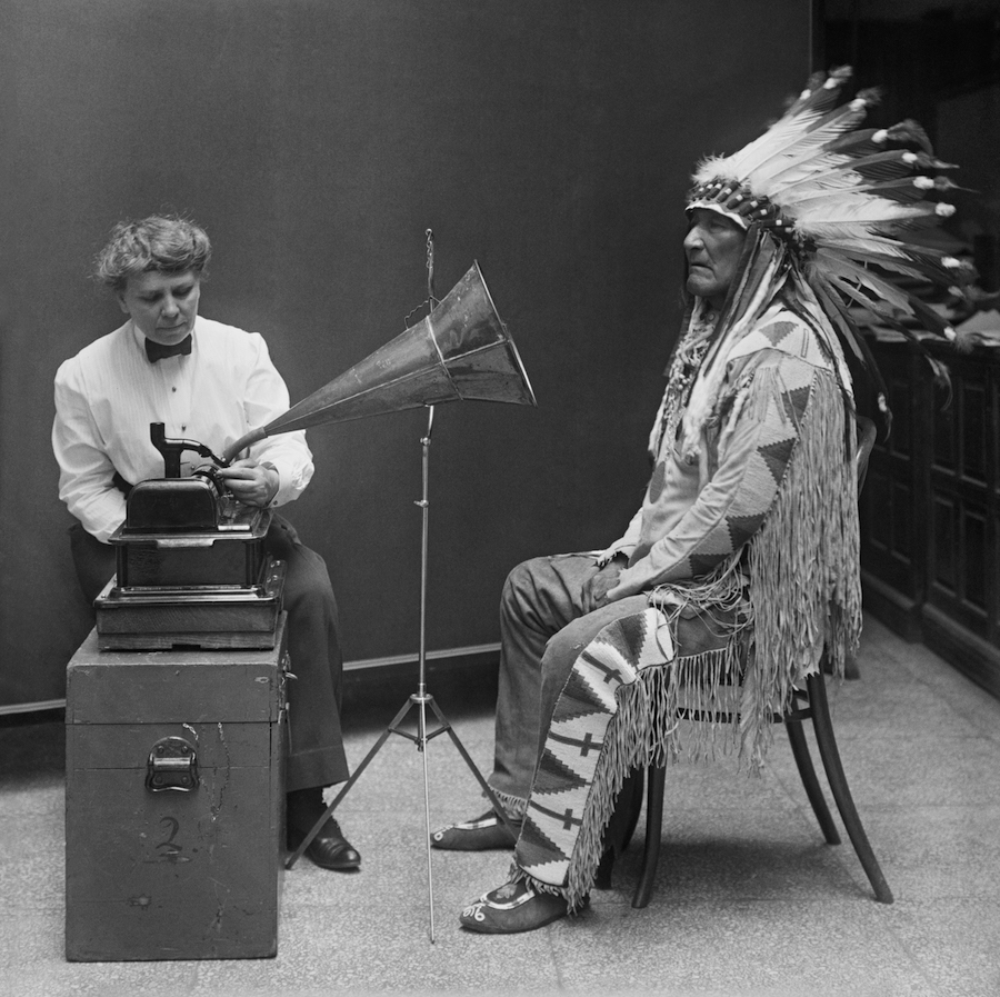 Frances Densmore recording Mountain Chief